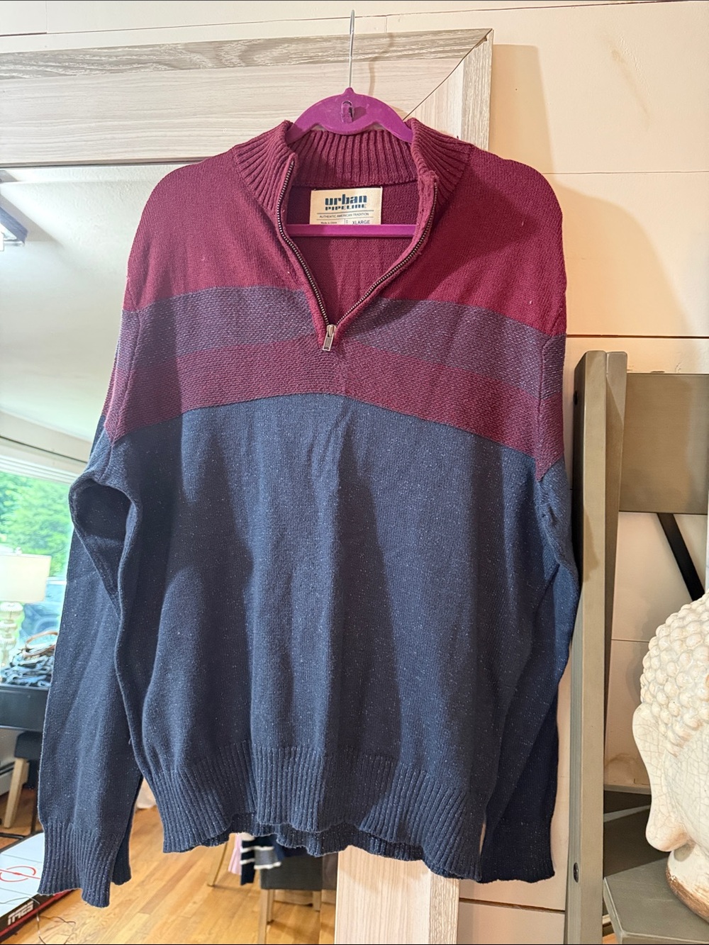 urban pipeline Men's Burgundy and Navy V-Neck Quarter-Zip Sweater